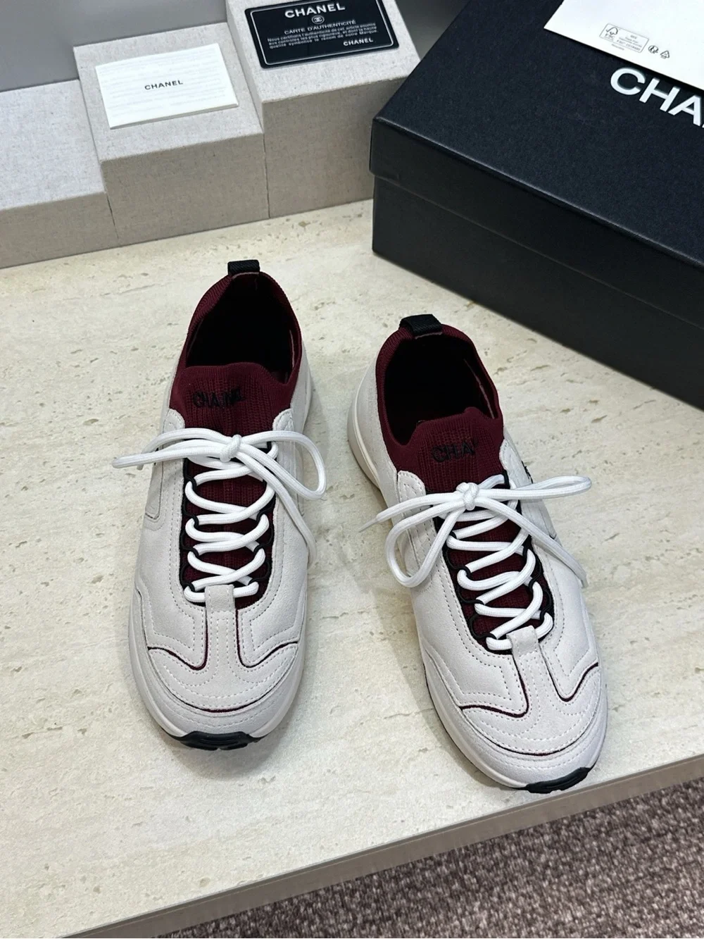 CHANEL White and Burgundy Suede Knit Runner Sneakers